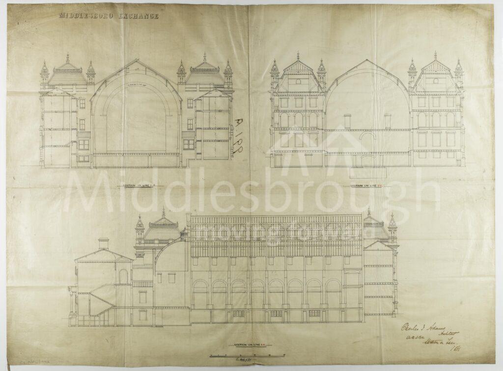 Plans for the Royal Exchange, built by the Middlesbrough Exchange Company and opened in 1868