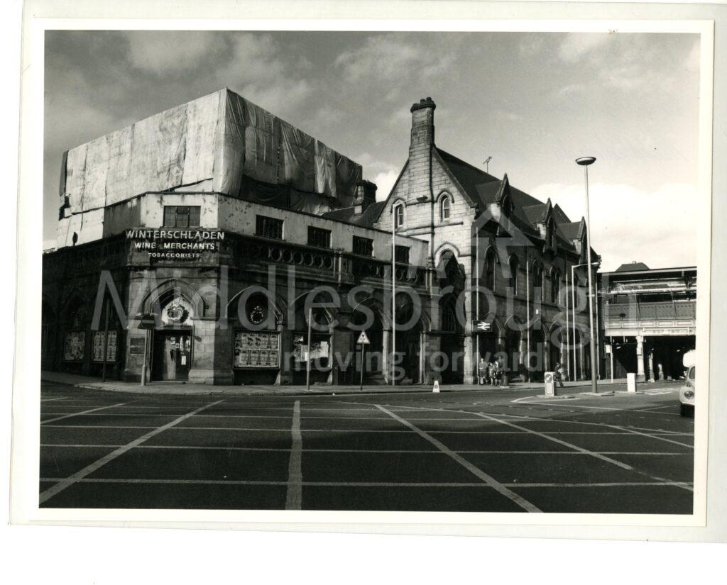 Photograph of Railway Station buildings fronting Exchange Place & Zetland Road Middlesbrough, during renovation work to main Booking Hall