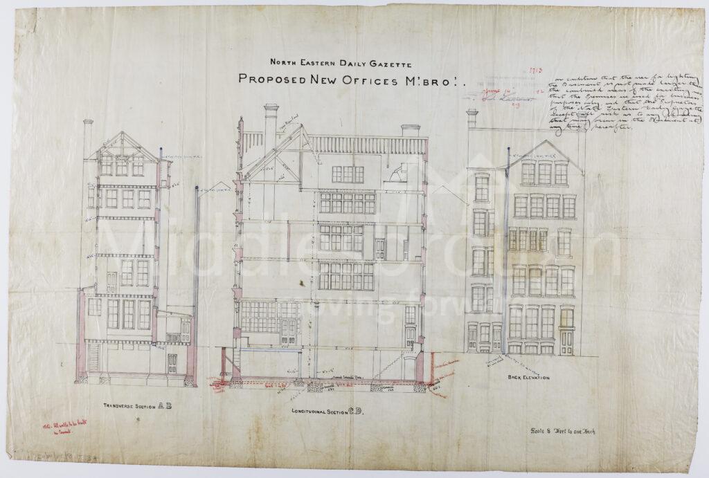 Plans for the new offices of the North Eastern Daily Gazette at Zetland Road. The newspaper continues to operate today as The Gazette.