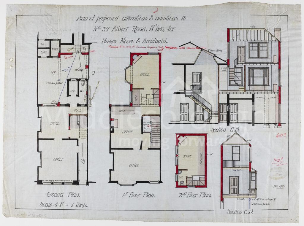 Plans for the premises of Moore & Archibald's at 27 Albert Road.