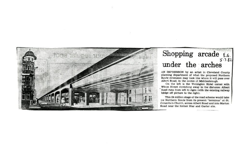 Artist impression of shops under the A66 Bypass of proposed Northern Route through Middlesbrough.