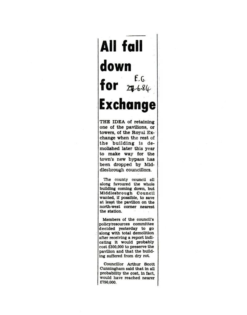 Article on the total demolition of the Royal Exchange despite hopes of saving the building's pavilion.